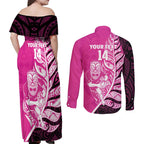 New Zealand Silver Fern Rugby Custom Couples Matching Off Shoulder Maxi Dress and Long Sleeve Button Shirt All Black Maori Pattern Pink - Aussie Hoodie