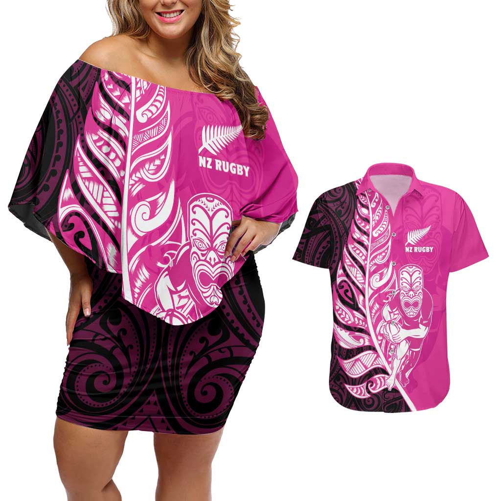 New Zealand Silver Fern Rugby Custom Couples Matching Off Shoulder Short Dress and Hawaiian Shirt All Black Maori Pattern Pink - Aussie Hoodie