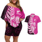 New Zealand Silver Fern Rugby Custom Couples Matching Off Shoulder Short Dress and Hawaiian Shirt All Black Maori Pattern Pink - Aussie Hoodie