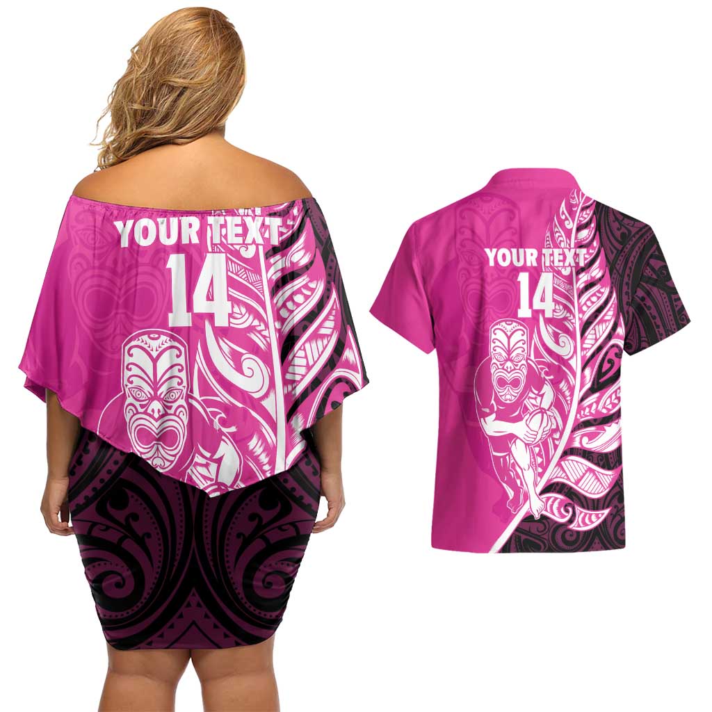 New Zealand Silver Fern Rugby Custom Couples Matching Off Shoulder Short Dress and Hawaiian Shirt All Black Maori Pattern Pink - Aussie Hoodie