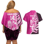 New Zealand Silver Fern Rugby Custom Couples Matching Off Shoulder Short Dress and Hawaiian Shirt All Black Maori Pattern Pink - Aussie Hoodie