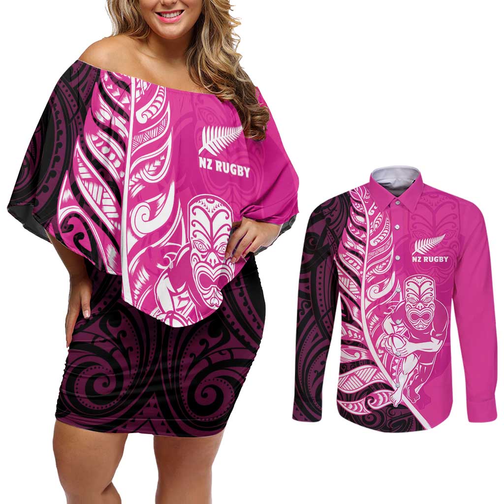 New Zealand Silver Fern Rugby Custom Couples Matching Off Shoulder Short Dress and Long Sleeve Button Shirt All Black Maori Pattern Pink - Aussie Hoodie