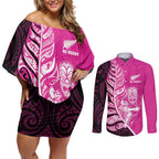 New Zealand Silver Fern Rugby Custom Couples Matching Off Shoulder Short Dress and Long Sleeve Button Shirt All Black Maori Pattern Pink - Aussie Hoodie