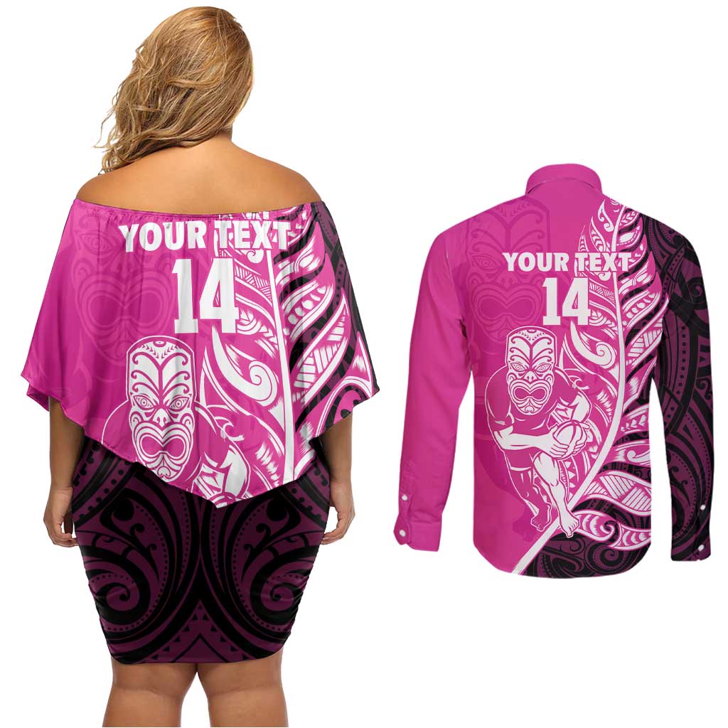 New Zealand Silver Fern Rugby Custom Couples Matching Off Shoulder Short Dress and Long Sleeve Button Shirt All Black Maori Pattern Pink - Aussie Hoodie