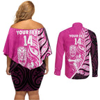 New Zealand Silver Fern Rugby Custom Couples Matching Off Shoulder Short Dress and Long Sleeve Button Shirt All Black Maori Pattern Pink - Aussie Hoodie