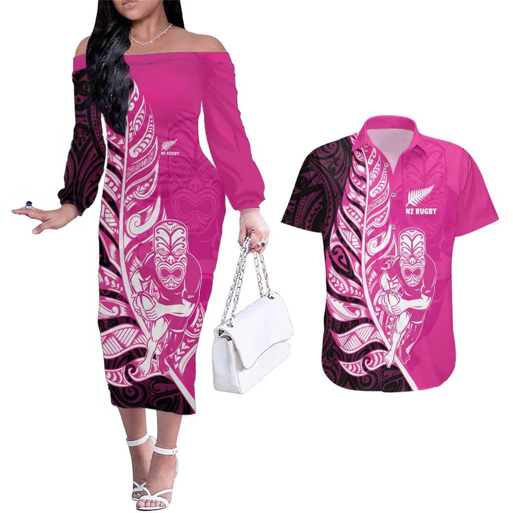 New Zealand Silver Fern Rugby Custom Couples Matching Off The Shoulder Long Sleeve Dress and Hawaiian Shirt All Black Maori Pattern Pink - Aussie Hoodie