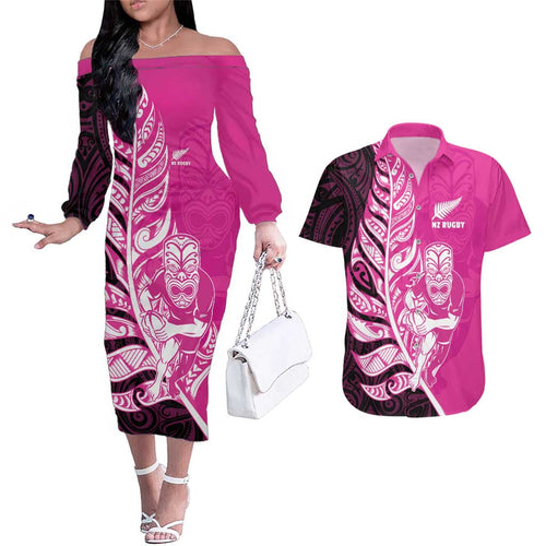 New Zealand Silver Fern Rugby Custom Couples Matching Off The Shoulder Long Sleeve Dress and Hawaiian Shirt All Black Maori Pattern Pink - Aussie Hoodie