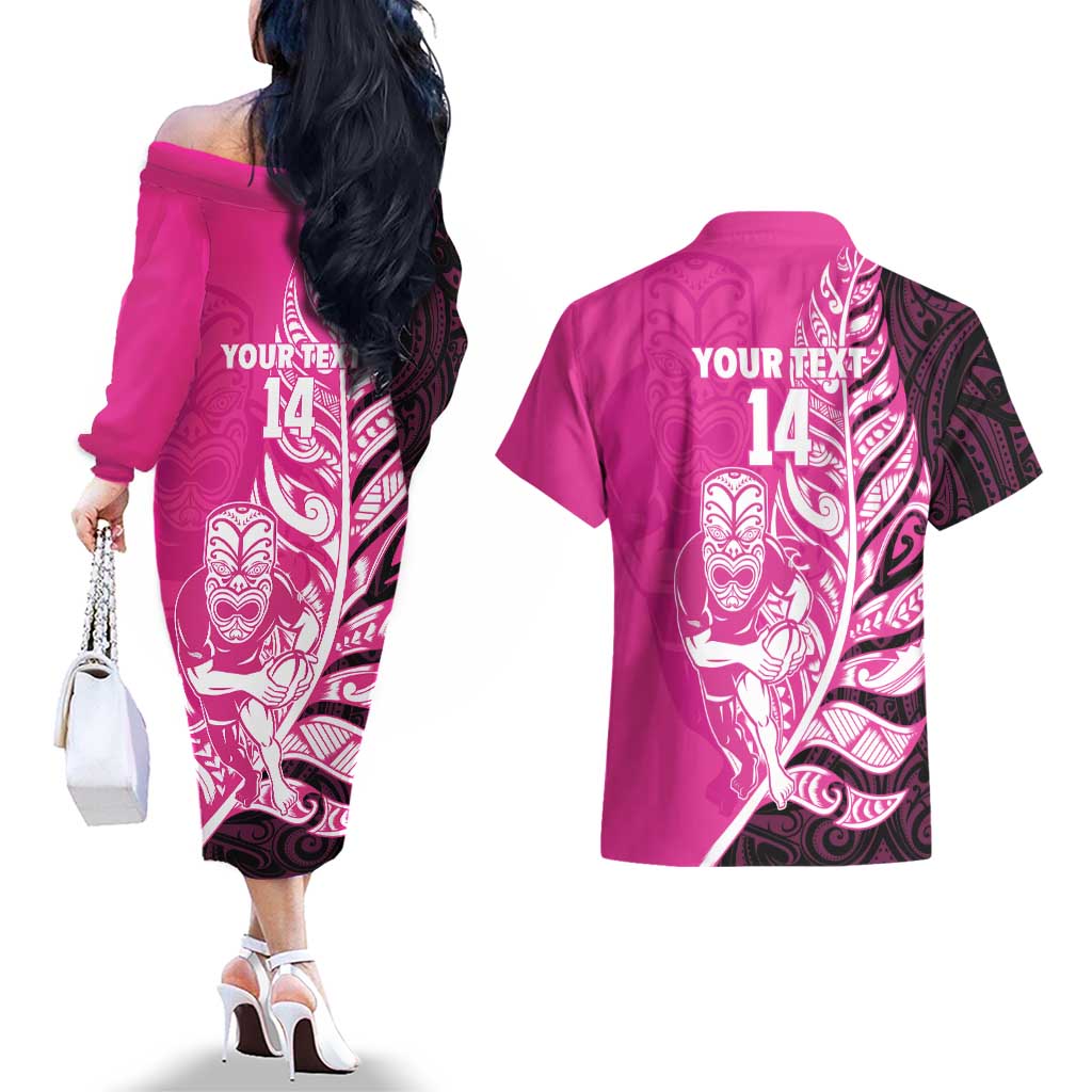 New Zealand Silver Fern Rugby Custom Couples Matching Off The Shoulder Long Sleeve Dress and Hawaiian Shirt All Black Maori Pattern Pink - Aussie Hoodie