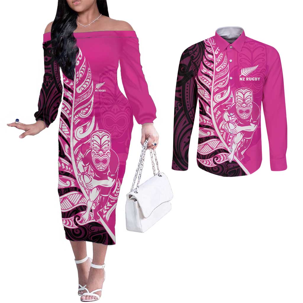 New Zealand Silver Fern Rugby Custom Couples Matching Off The Shoulder Long Sleeve Dress and Long Sleeve Button Shirt All Black Maori Pattern Pink - Aussie Hoodie