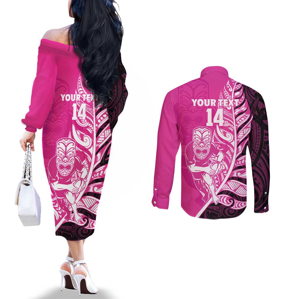 New Zealand Silver Fern Rugby Custom Couples Matching Off The Shoulder Long Sleeve Dress and Long Sleeve Button Shirt All Black Maori Pattern Pink - Aussie Hoodie