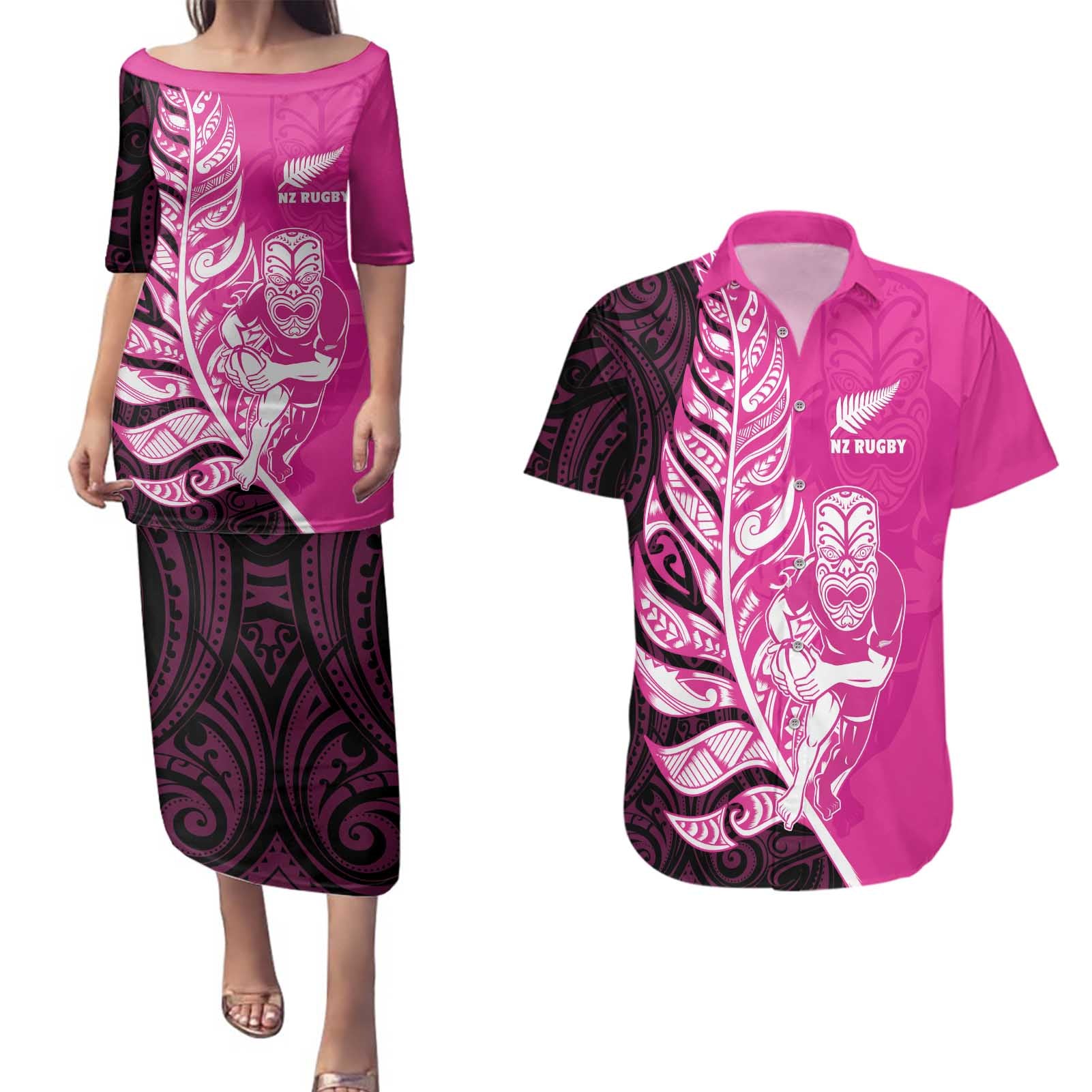 New Zealand Silver Fern Rugby Custom Couples Matching Puletasi and Hawaiian Shirt All Black Maori Pattern Pink - Aussie Hoodie
