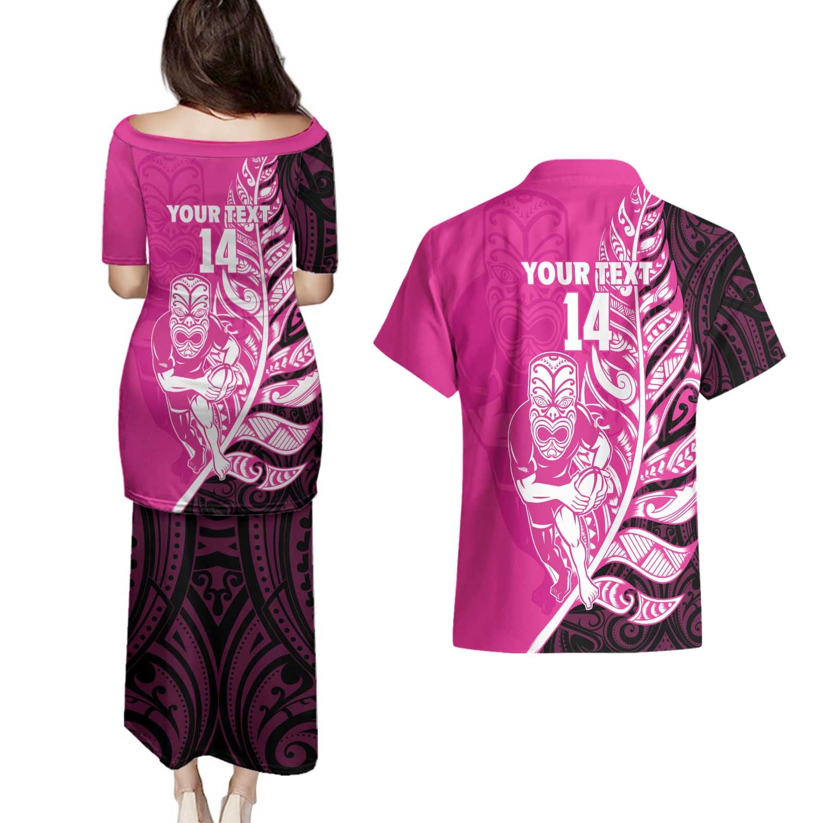 New Zealand Silver Fern Rugby Custom Couples Matching Puletasi and Hawaiian Shirt All Black Maori Pattern Pink - Aussie Hoodie