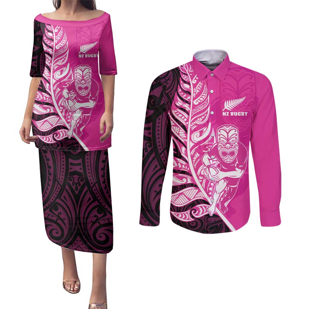 New Zealand Silver Fern Rugby Custom Couples Matching Puletasi and Long Sleeve Button Shirt All Black Maori Pattern Pink - Aussie Hoodie