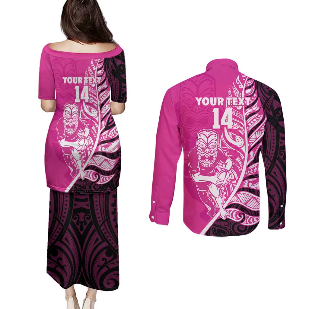 New Zealand Silver Fern Rugby Custom Couples Matching Puletasi and Long Sleeve Button Shirt All Black Maori Pattern Pink - Aussie Hoodie