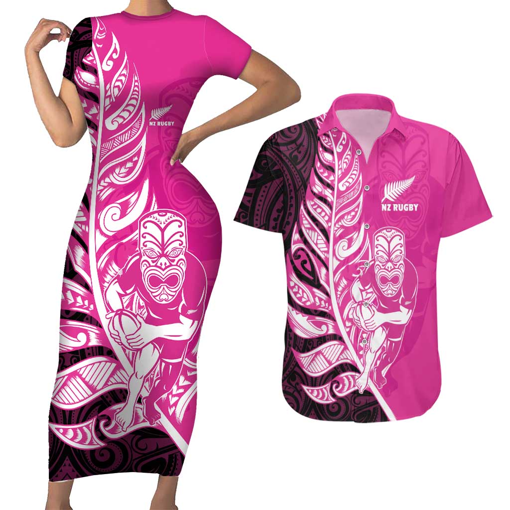 New Zealand Silver Fern Rugby Custom Couples Matching Short Sleeve Bodycon Dress and Hawaiian Shirt All Black Maori Pattern Pink - Aussie Hoodie