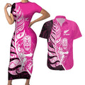 New Zealand Silver Fern Rugby Custom Couples Matching Short Sleeve Bodycon Dress and Hawaiian Shirt All Black Maori Pattern Pink - Aussie Hoodie