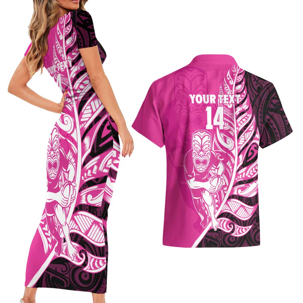 New Zealand Silver Fern Rugby Custom Couples Matching Short Sleeve Bodycon Dress and Hawaiian Shirt All Black Maori Pattern Pink - Aussie Hoodie
