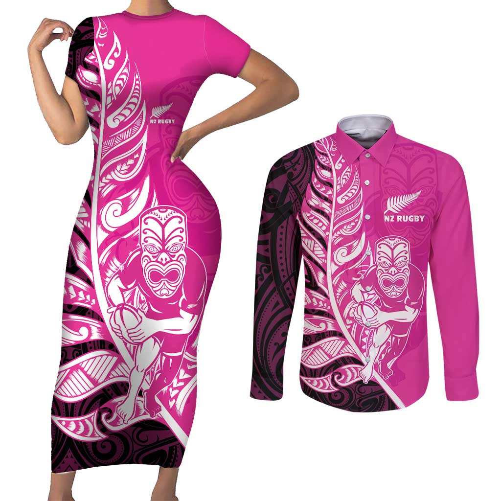 New Zealand Silver Fern Rugby Custom Couples Matching Short Sleeve Bodycon Dress and Long Sleeve Button Shirt All Black Maori Pattern Pink - Aussie Hoodie
