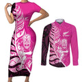 New Zealand Silver Fern Rugby Custom Couples Matching Short Sleeve Bodycon Dress and Long Sleeve Button Shirt All Black Maori Pattern Pink - Aussie Hoodie
