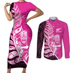 New Zealand Silver Fern Rugby Custom Couples Matching Short Sleeve Bodycon Dress and Long Sleeve Button Shirt All Black Maori Pattern Pink - Aussie Hoodie