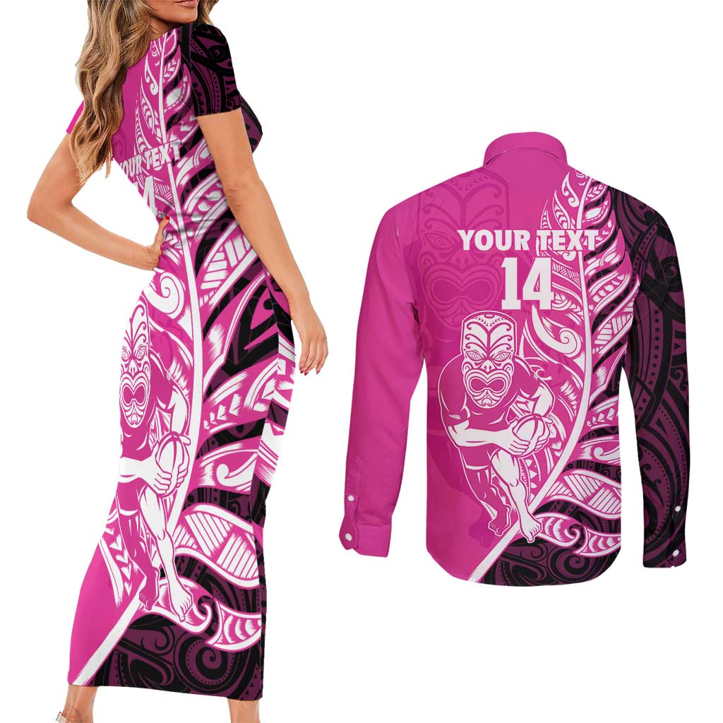 New Zealand Silver Fern Rugby Custom Couples Matching Short Sleeve Bodycon Dress and Long Sleeve Button Shirt All Black Maori Pattern Pink - Aussie Hoodie