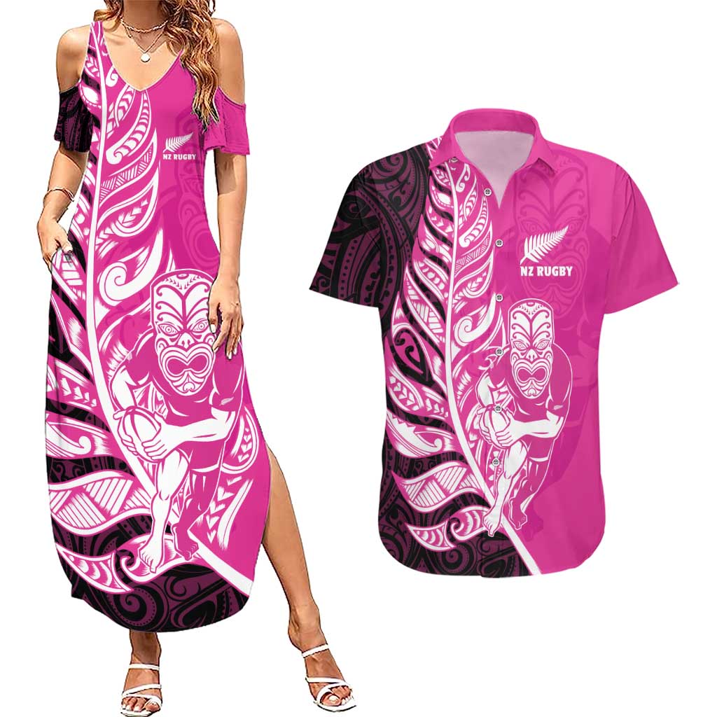 New Zealand Silver Fern Rugby Custom Couples Matching Summer Maxi Dress and Hawaiian Shirt All Black Maori Pattern Pink - Aussie Hoodie