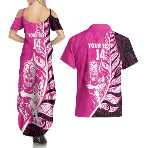 New Zealand Silver Fern Rugby Custom Couples Matching Summer Maxi Dress and Hawaiian Shirt All Black Maori Pattern Pink - Aussie Hoodie