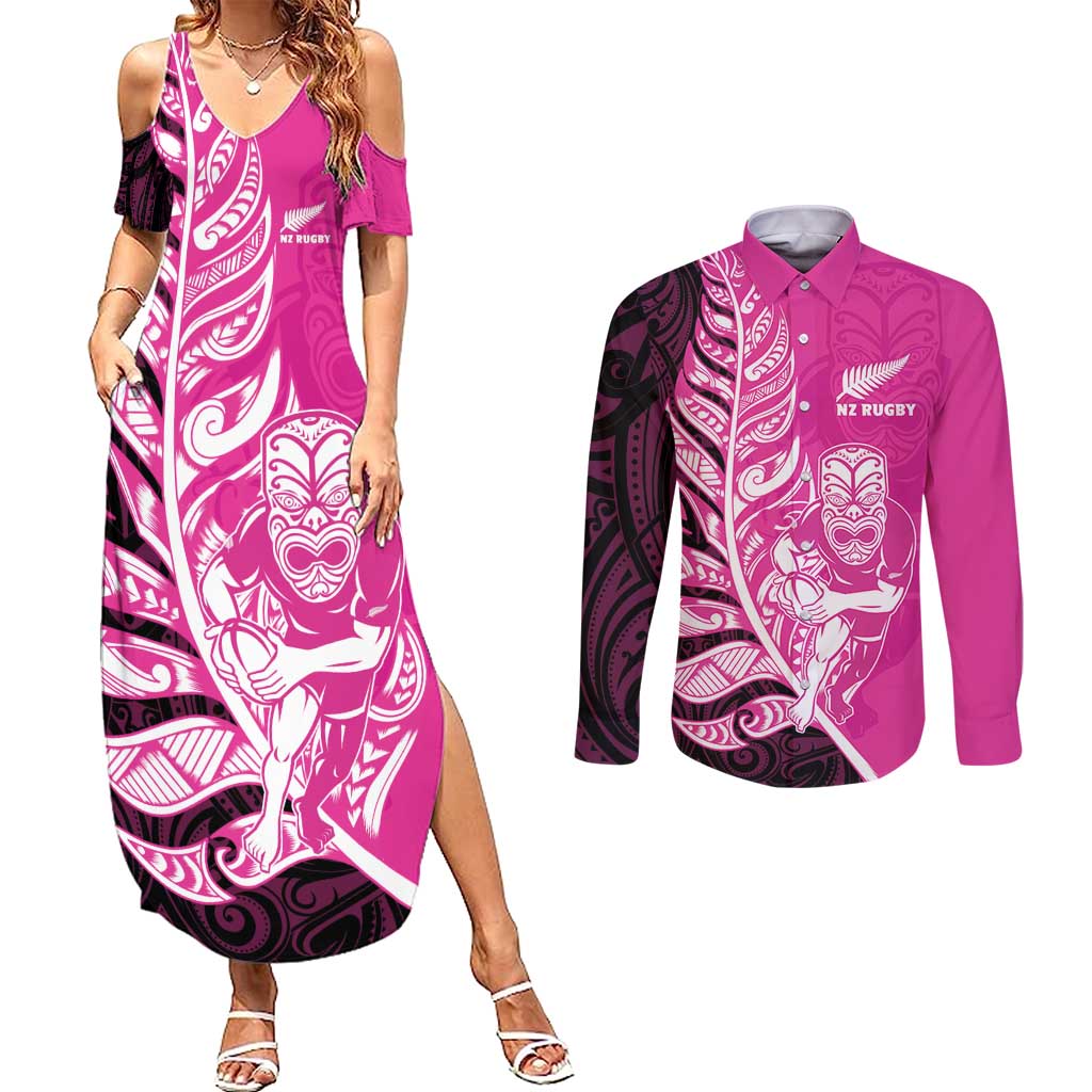 New Zealand Silver Fern Rugby Custom Couples Matching Summer Maxi Dress and Long Sleeve Button Shirt All Black Maori Pattern Pink - Aussie Hoodie