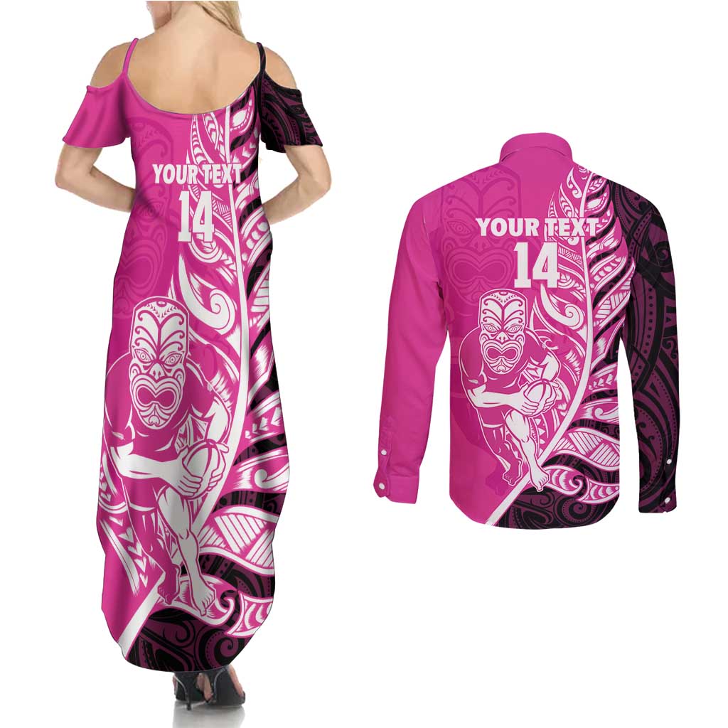 New Zealand Silver Fern Rugby Custom Couples Matching Summer Maxi Dress and Long Sleeve Button Shirt All Black Maori Pattern Pink - Aussie Hoodie
