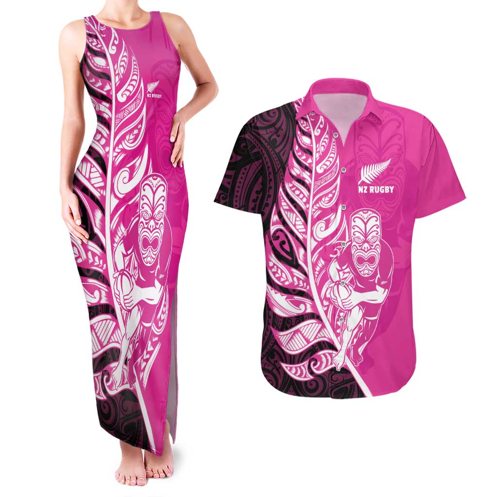 New Zealand Silver Fern Rugby Custom Couples Matching Tank Maxi Dress and Hawaiian Shirt All Black Maori Pattern Pink - Aussie Hoodie