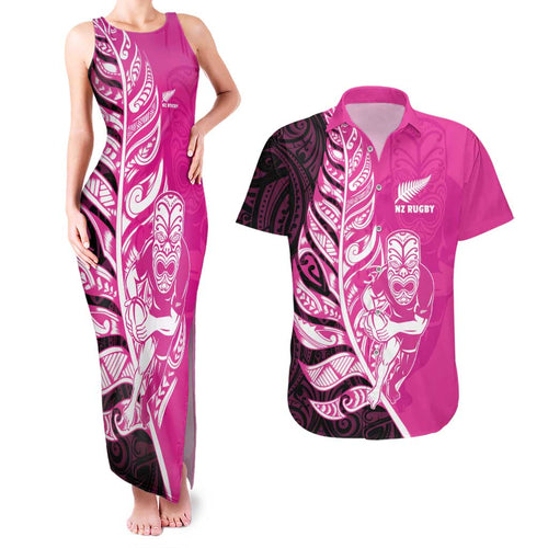 New Zealand Silver Fern Rugby Custom Couples Matching Tank Maxi Dress and Hawaiian Shirt All Black Maori Pattern Pink - Aussie Hoodie