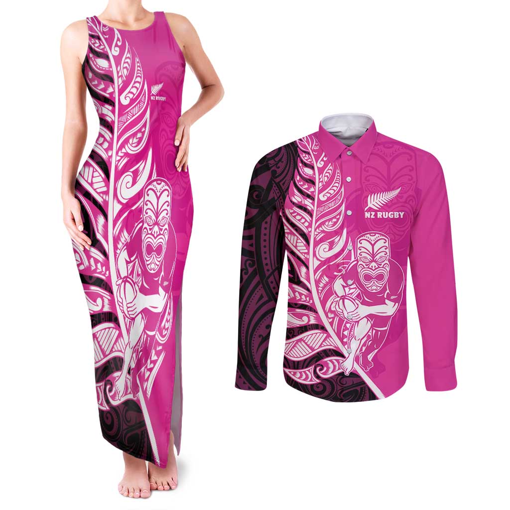 New Zealand Silver Fern Rugby Custom Couples Matching Tank Maxi Dress and Long Sleeve Button Shirt All Black Maori Pattern Pink - Aussie Hoodie
