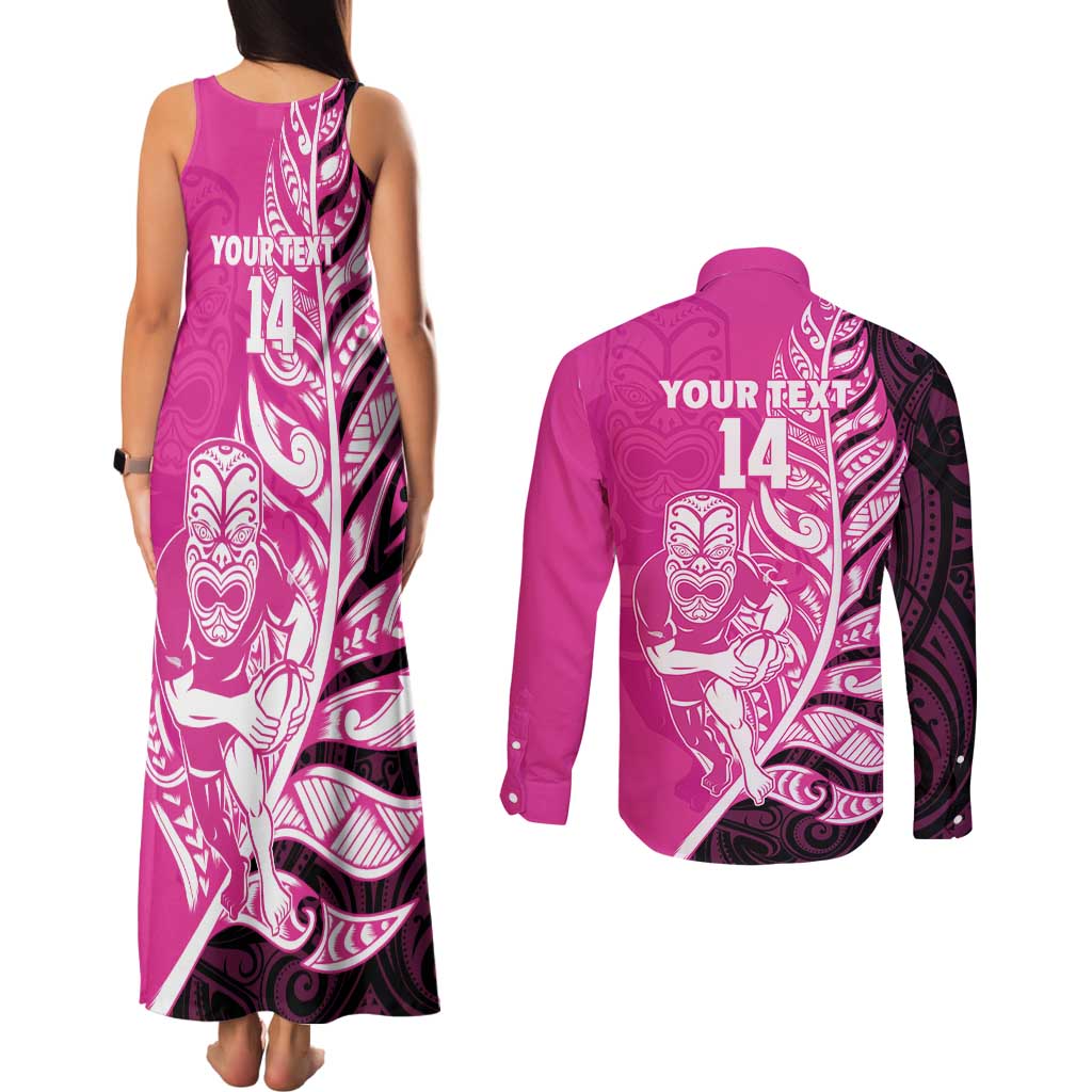 New Zealand Silver Fern Rugby Custom Couples Matching Tank Maxi Dress and Long Sleeve Button Shirt All Black Maori Pattern Pink - Aussie Hoodie