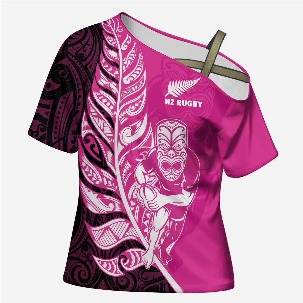 New Zealand Silver Fern Rugby Custom Cross Shoulder Shirt All Black Maori Pattern Pink - Aussie Hoodie