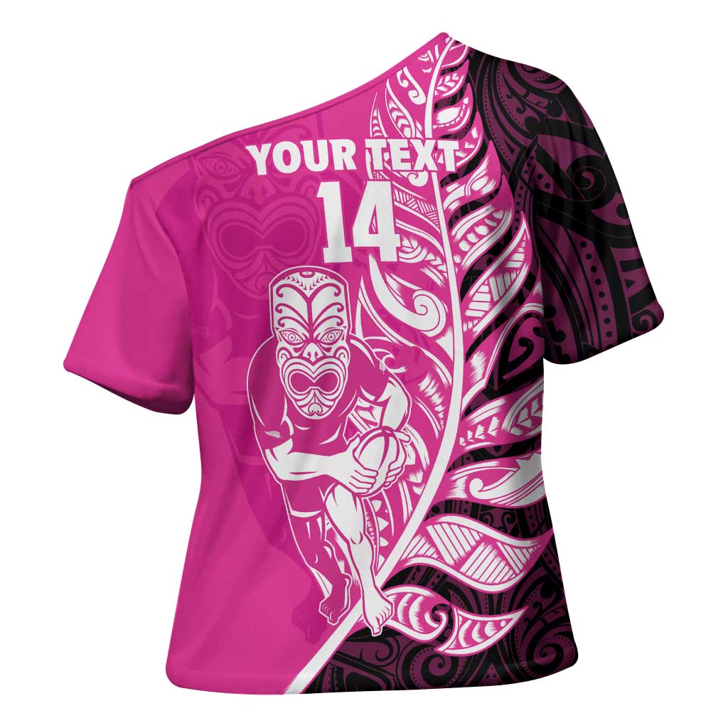 New Zealand Silver Fern Rugby Custom Cross Shoulder Shirt All Black Maori Pattern Pink - Aussie Hoodie
