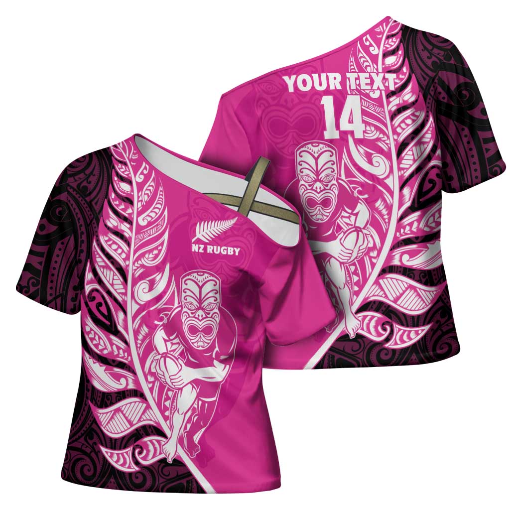 New Zealand Silver Fern Rugby Custom Cross Shoulder Shirt All Black Maori Pattern Pink - Aussie Hoodie