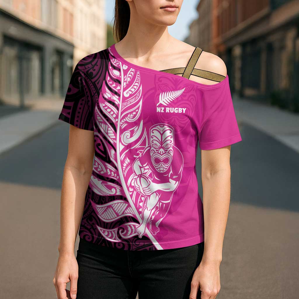 New Zealand Silver Fern Rugby Custom Cross Shoulder Shirt All Black Maori Pattern Pink - Aussie Hoodie
