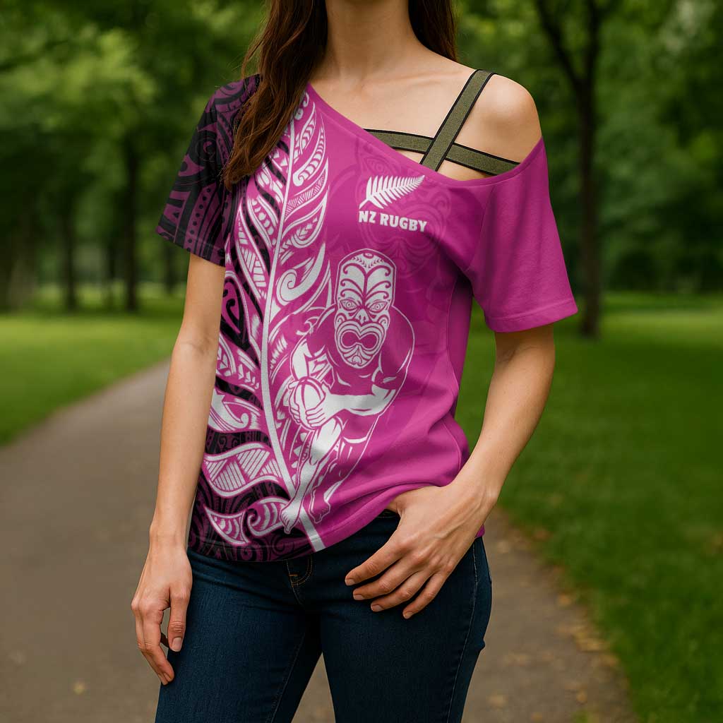 New Zealand Silver Fern Rugby Custom Cross Shoulder Shirt All Black Maori Pattern Pink - Aussie Hoodie