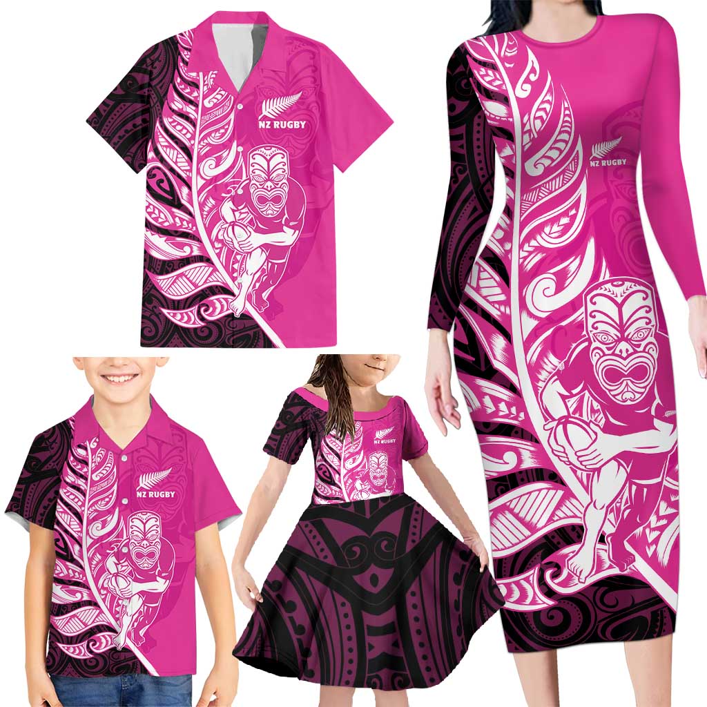 New Zealand Silver Fern Rugby Custom Family Matching Long Sleeve Bodycon Dress and Hawaiian Shirt All Black Maori Pattern Pink - Aussie Hoodie