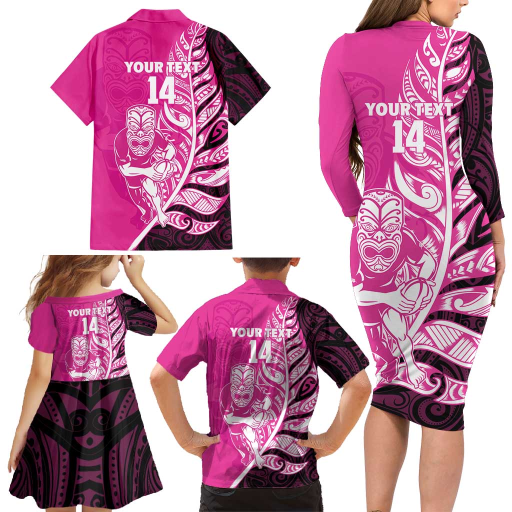 New Zealand Silver Fern Rugby Custom Family Matching Long Sleeve Bodycon Dress and Hawaiian Shirt All Black Maori Pattern Pink - Aussie Hoodie