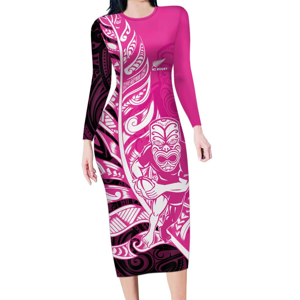 New Zealand Silver Fern Rugby Custom Family Matching Long Sleeve Bodycon Dress and Hawaiian Shirt All Black Maori Pattern Pink - Aussie Hoodie