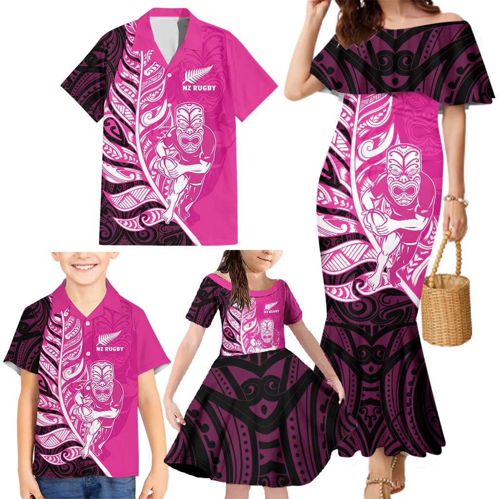 New Zealand Silver Fern Rugby Custom Family Matching Mermaid Dress and Hawaiian Shirt All Black Maori Pattern Pink - Aussie Hoodie