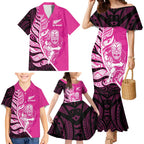 New Zealand Silver Fern Rugby Custom Family Matching Mermaid Dress and Hawaiian Shirt All Black Maori Pattern Pink - Aussie Hoodie