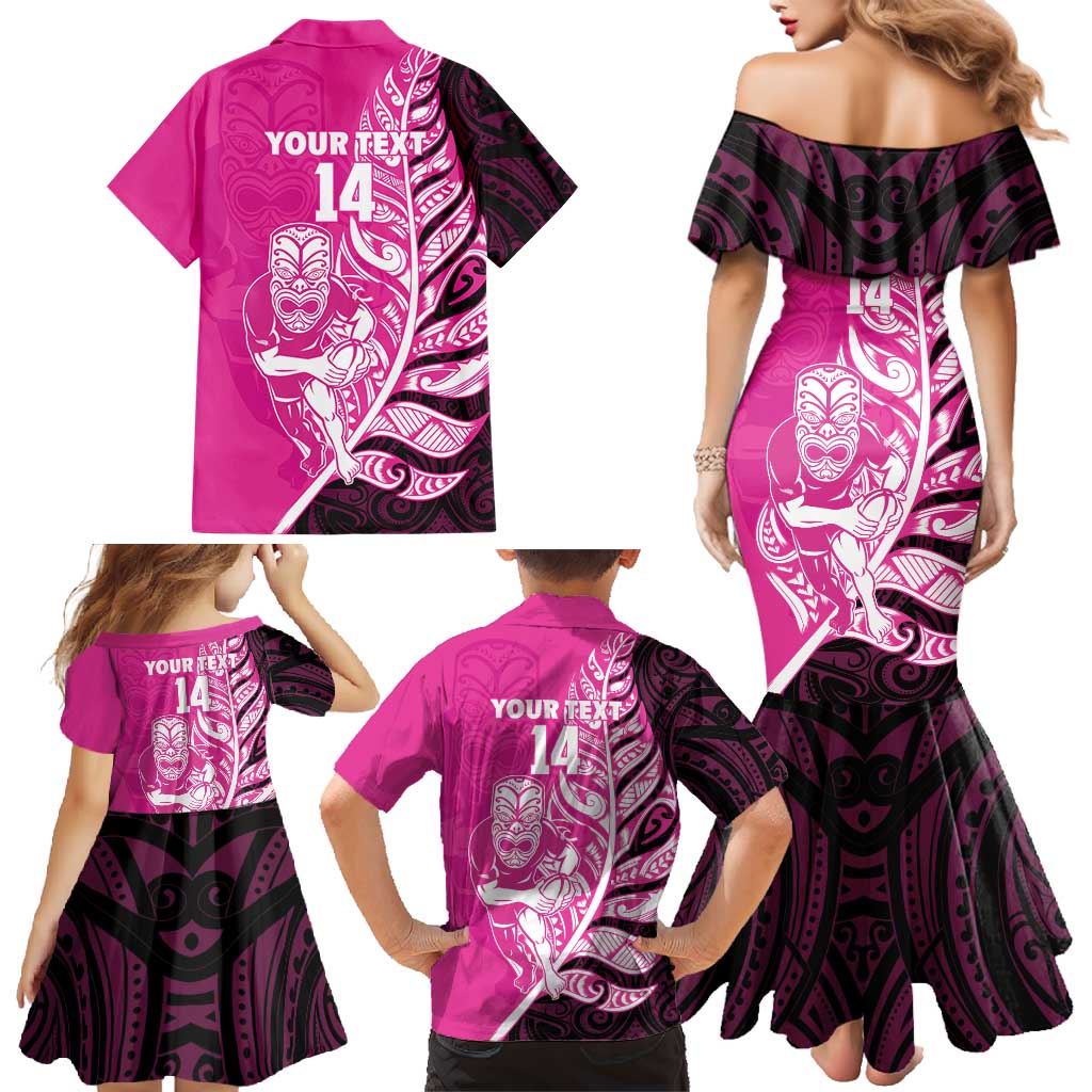 New Zealand Silver Fern Rugby Custom Family Matching Mermaid Dress and Hawaiian Shirt All Black Maori Pattern Pink - Aussie Hoodie
