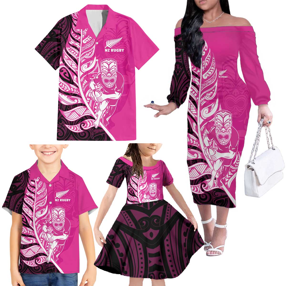 New Zealand Silver Fern Rugby Custom Family Matching Off The Shoulder Long Sleeve Dress and Hawaiian Shirt All Black Maori Pattern Pink - Aussie Hoodie