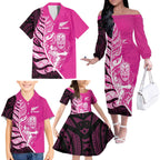 New Zealand Silver Fern Rugby Custom Family Matching Off The Shoulder Long Sleeve Dress and Hawaiian Shirt All Black Maori Pattern Pink - Aussie Hoodie