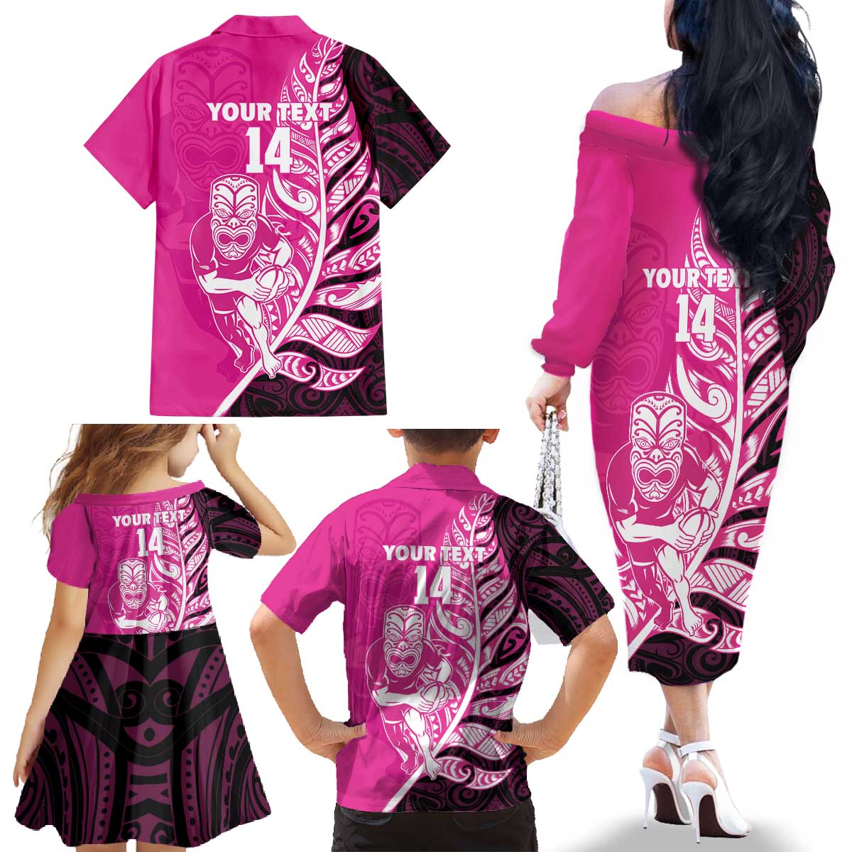 New Zealand Silver Fern Rugby Custom Family Matching Off The Shoulder Long Sleeve Dress and Hawaiian Shirt All Black Maori Pattern Pink - Aussie Hoodie