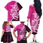New Zealand Silver Fern Rugby Custom Family Matching Off The Shoulder Long Sleeve Dress and Hawaiian Shirt All Black Maori Pattern Pink - Aussie Hoodie