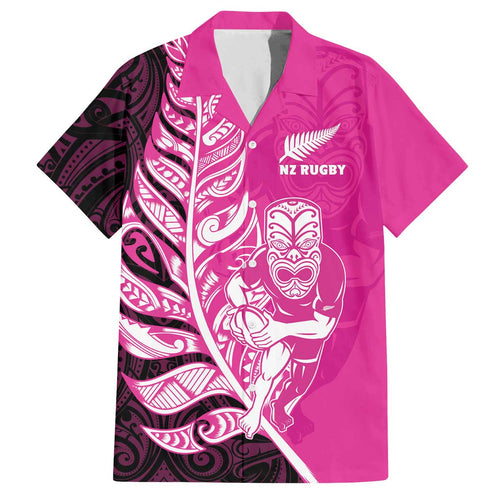 New Zealand Silver Fern Rugby Custom Family Matching Off The Shoulder Long Sleeve Dress and Hawaiian Shirt All Black Maori Pattern Pink - Aussie Hoodie