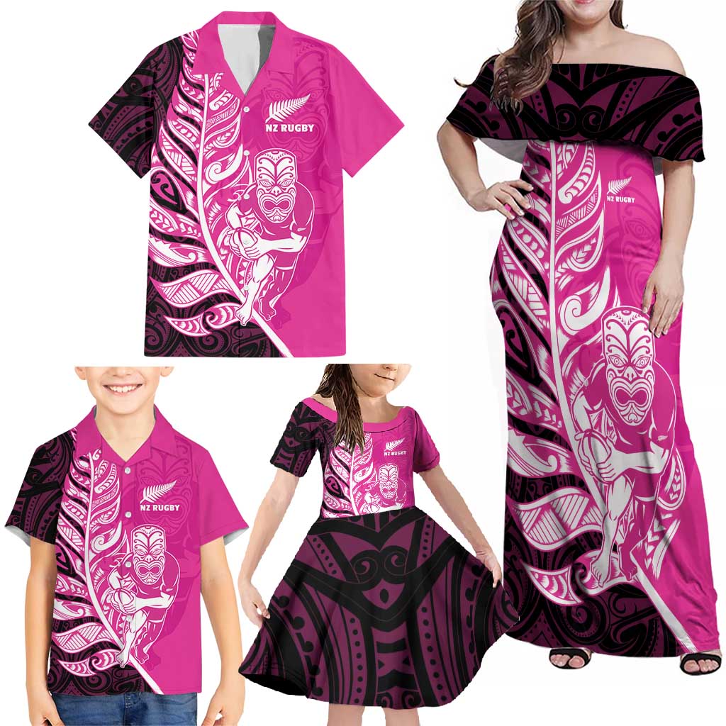 New Zealand Silver Fern Rugby Custom Family Matching Off Shoulder Maxi Dress and Hawaiian Shirt All Black Maori Pattern Pink - Aussie Hoodie